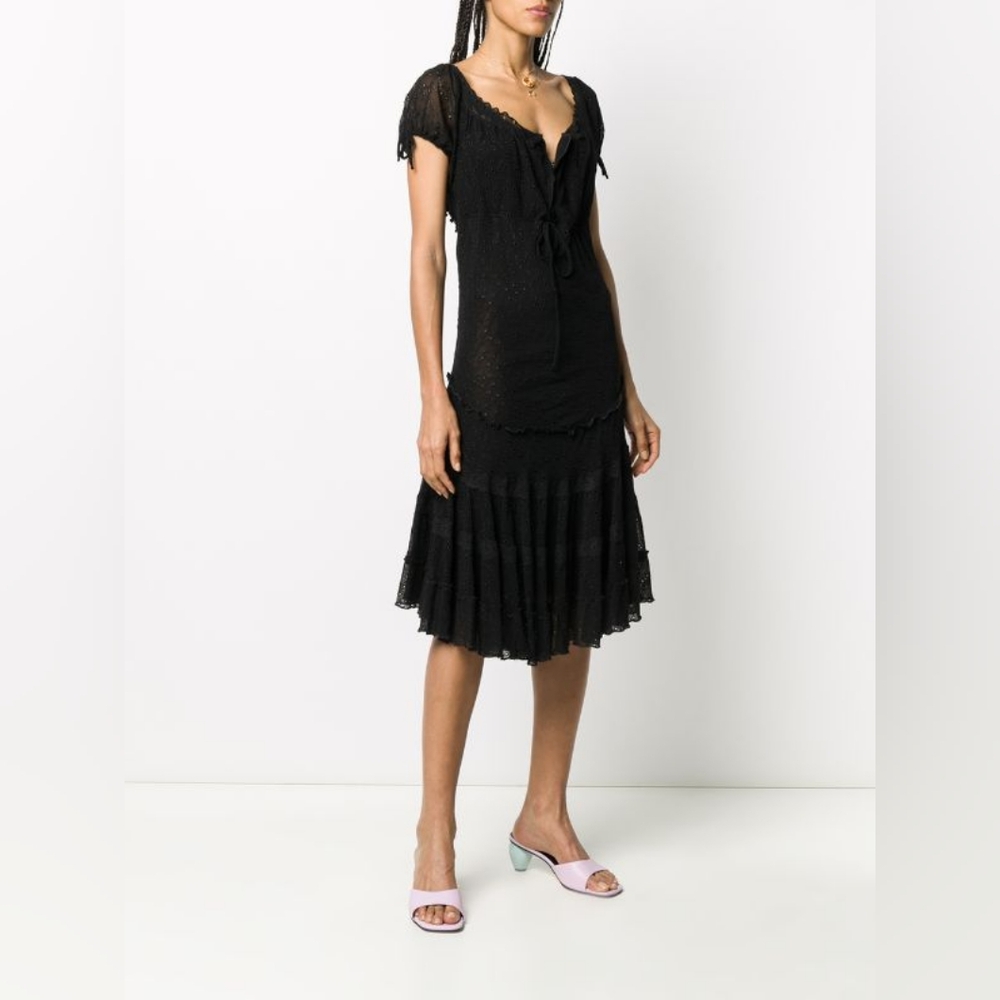 Vtg JPG Jean Paul Gaultier Scoop Neck Black Eyelet Lace Ruffle Midi Dress Sz L - Picture 2 of 8